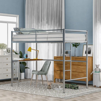 Silver Metal Twin Size Loft Bed with Desk - FurniFindUSA