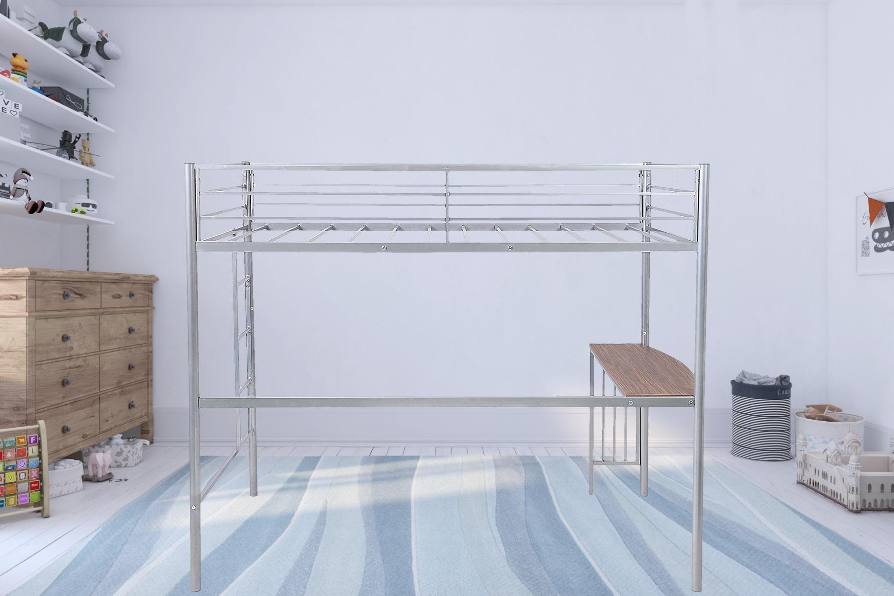 Silver Metal Twin Size Loft Bed with Desk - FurniFindUSA