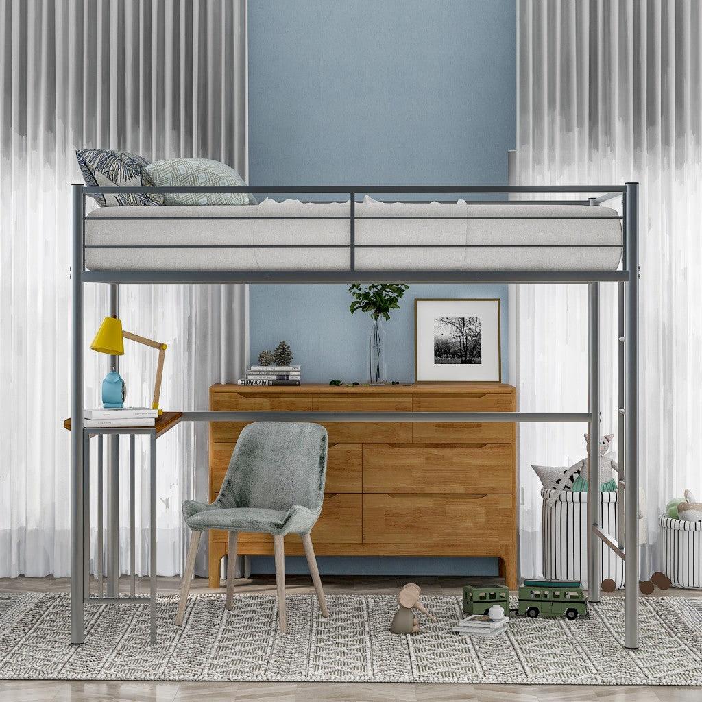 Silver Metal Twin Size Loft Bed with Desk - FurniFindUSA