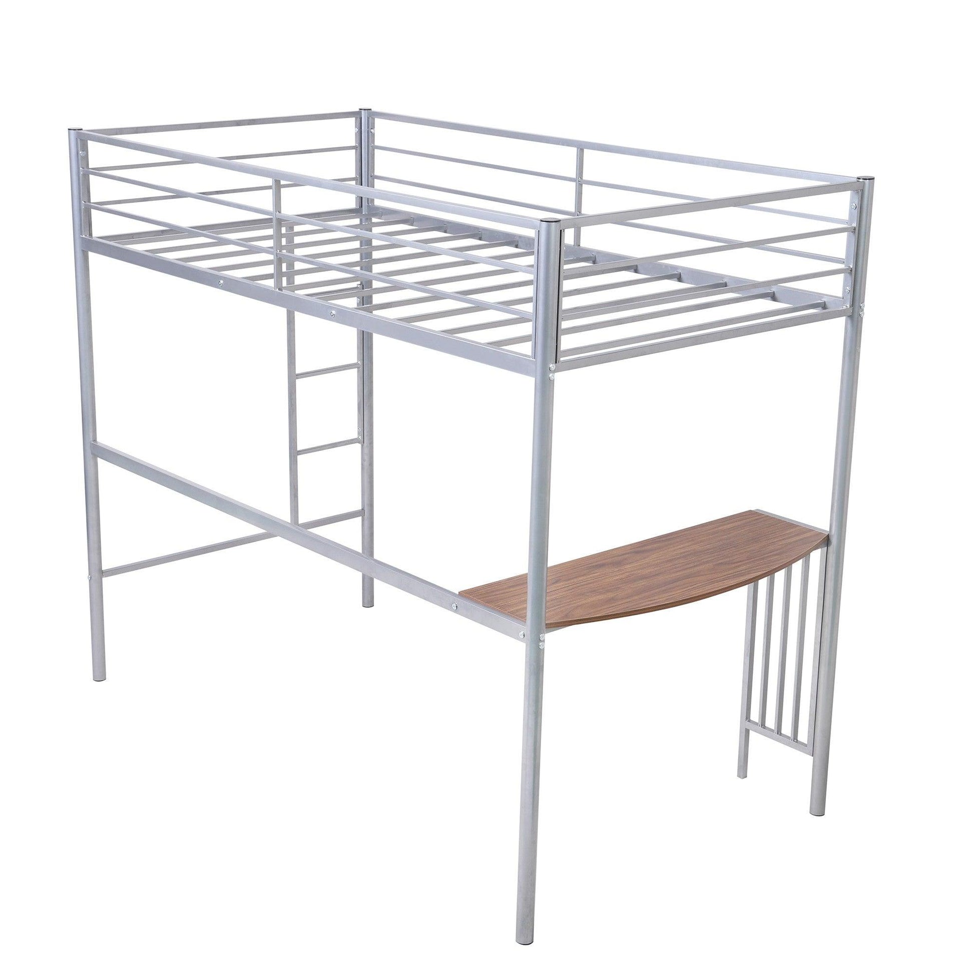 Silver Metal Twin Size Loft Bed with Desk - FurniFindUSA