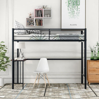 Black Metal Twin Size Loft Bed with Desk - FurniFindUSA