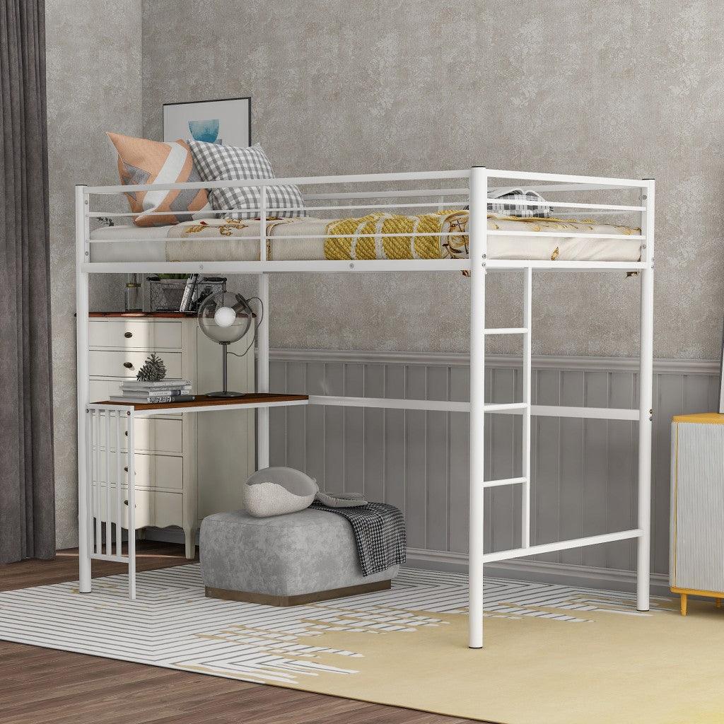 White Metal Twin Size Loft Bed with Desk - FurniFindUSA