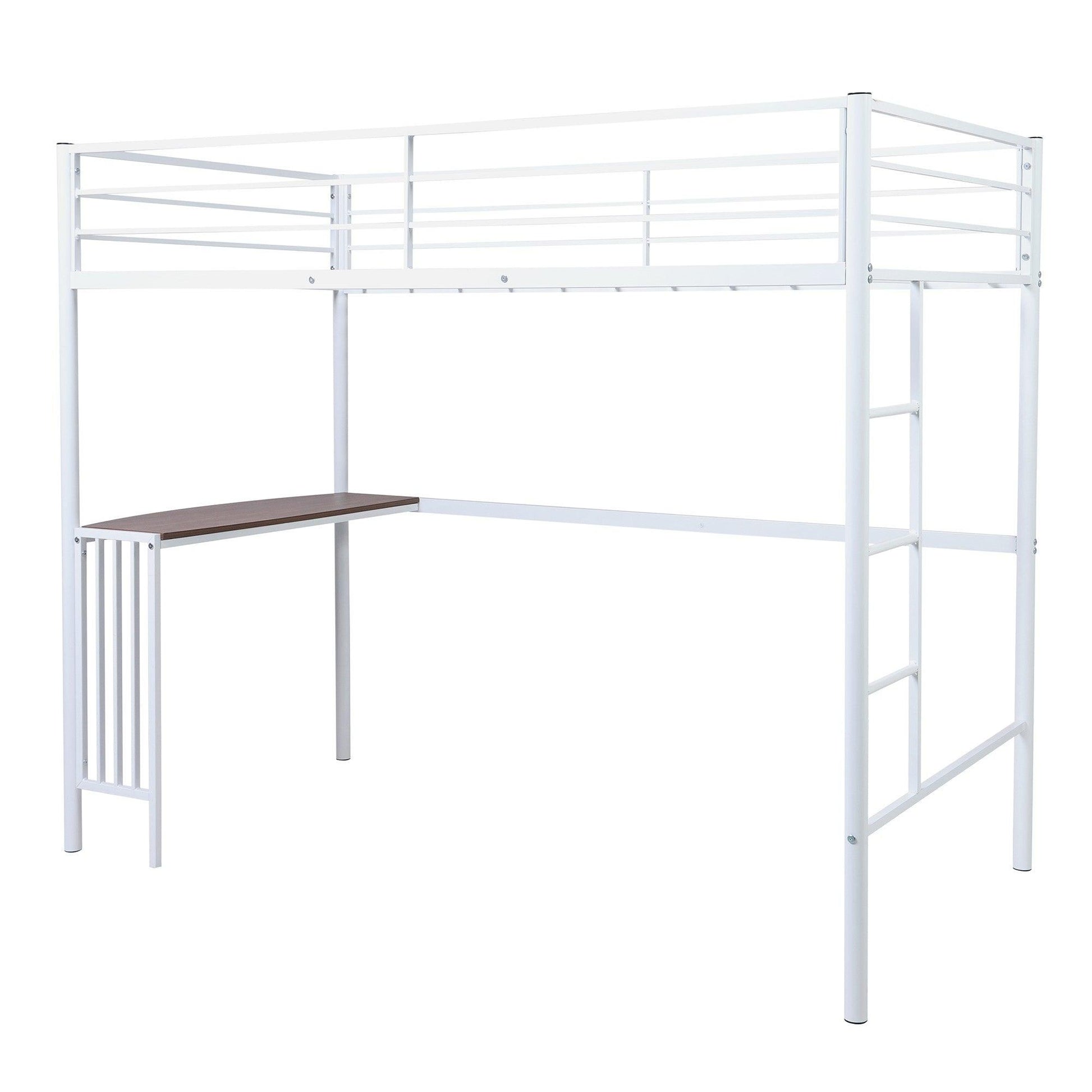 White Metal Twin Size Loft Bed with Desk - FurniFindUSA