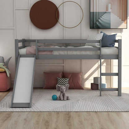 Gray Twin Size Low Loft Bed With Slide - FurniFindUSA