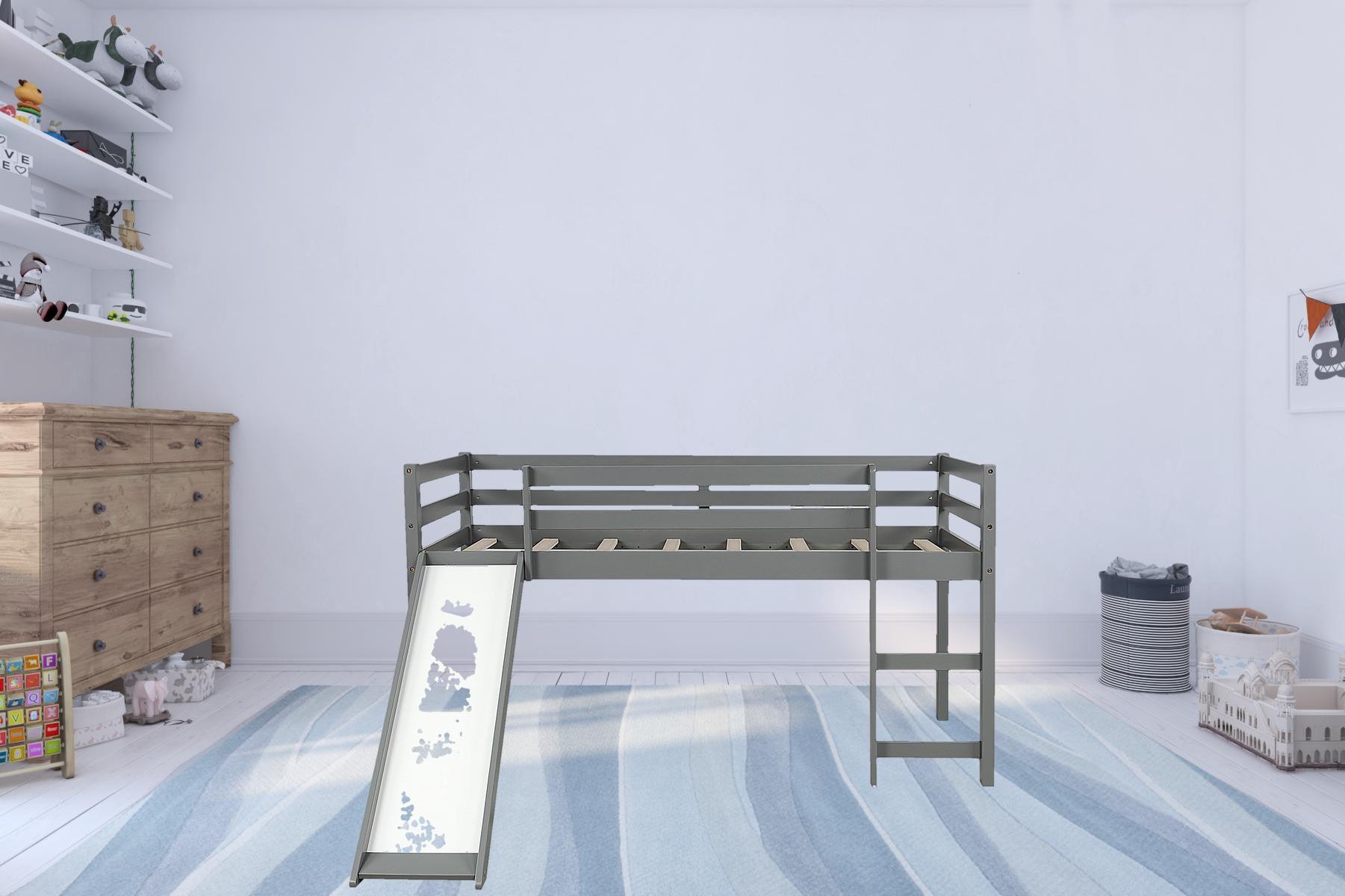 Gray Twin Size Low Loft Bed With Slide - FurniFindUSA