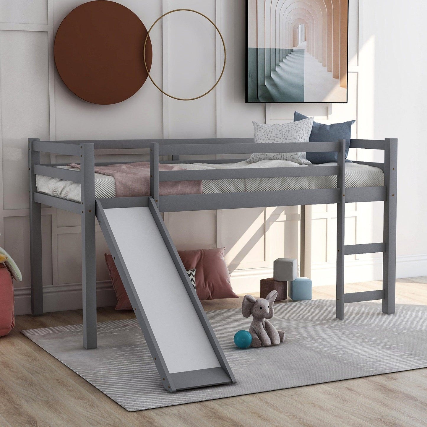 Gray Twin Size Low Loft Bed With Slide - FurniFindUSA