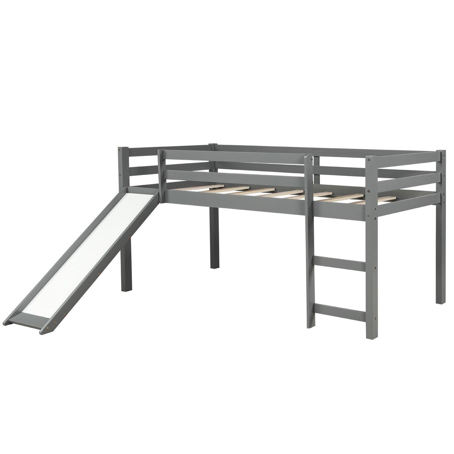 Gray Twin Size Low Loft Bed With Slide - FurniFindUSA