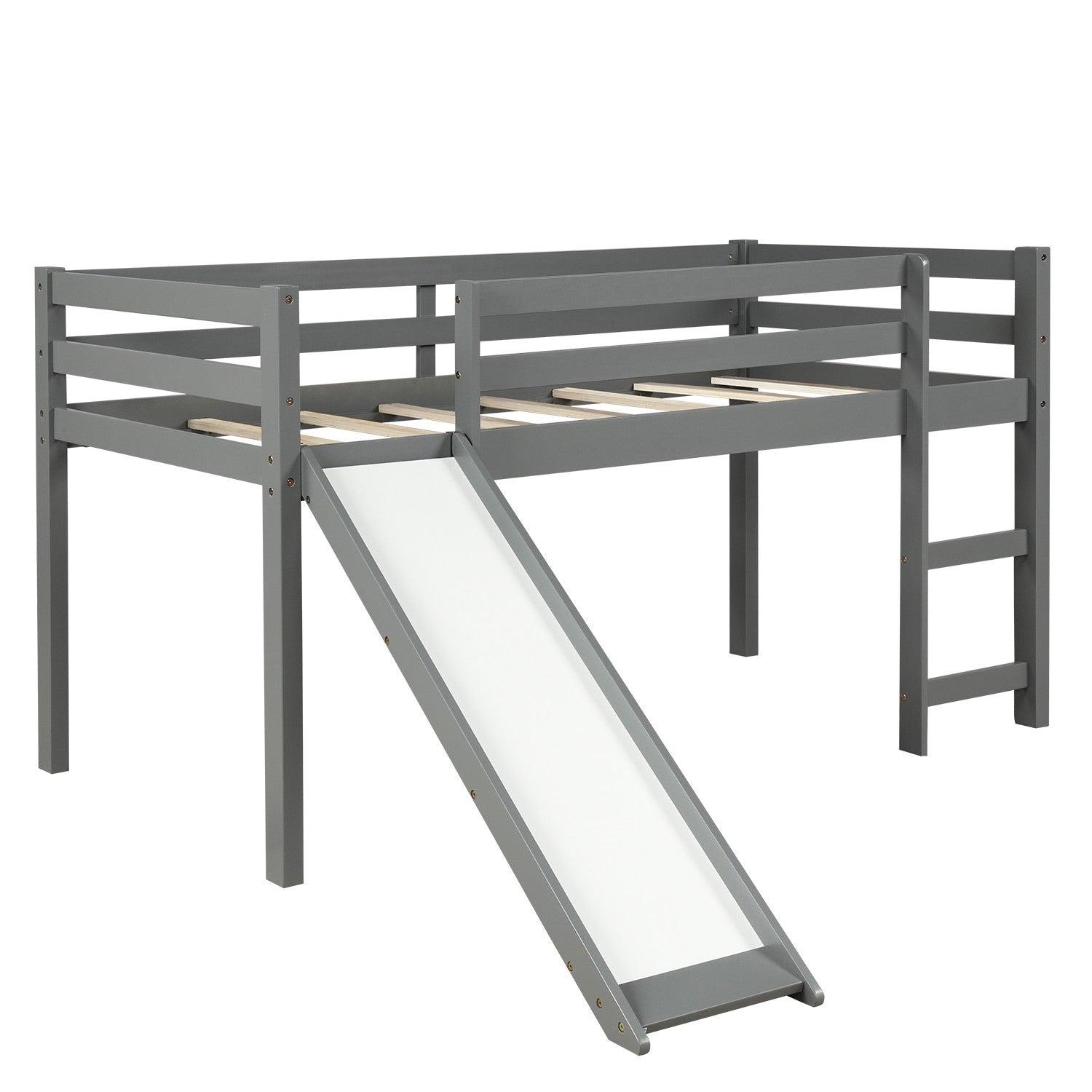 Gray Twin Size Low Loft Bed With Slide - FurniFindUSA