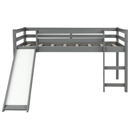 Gray Twin Size Low Loft Bed With Slide - FurniFindUSA