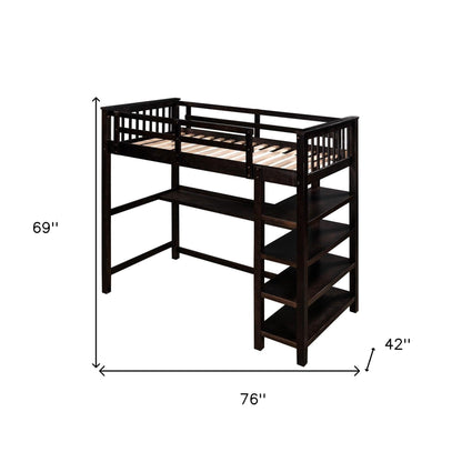 Espresso Twin Size Wood Loft Bed with Storage Shelves and Desk - FurniFindUSA