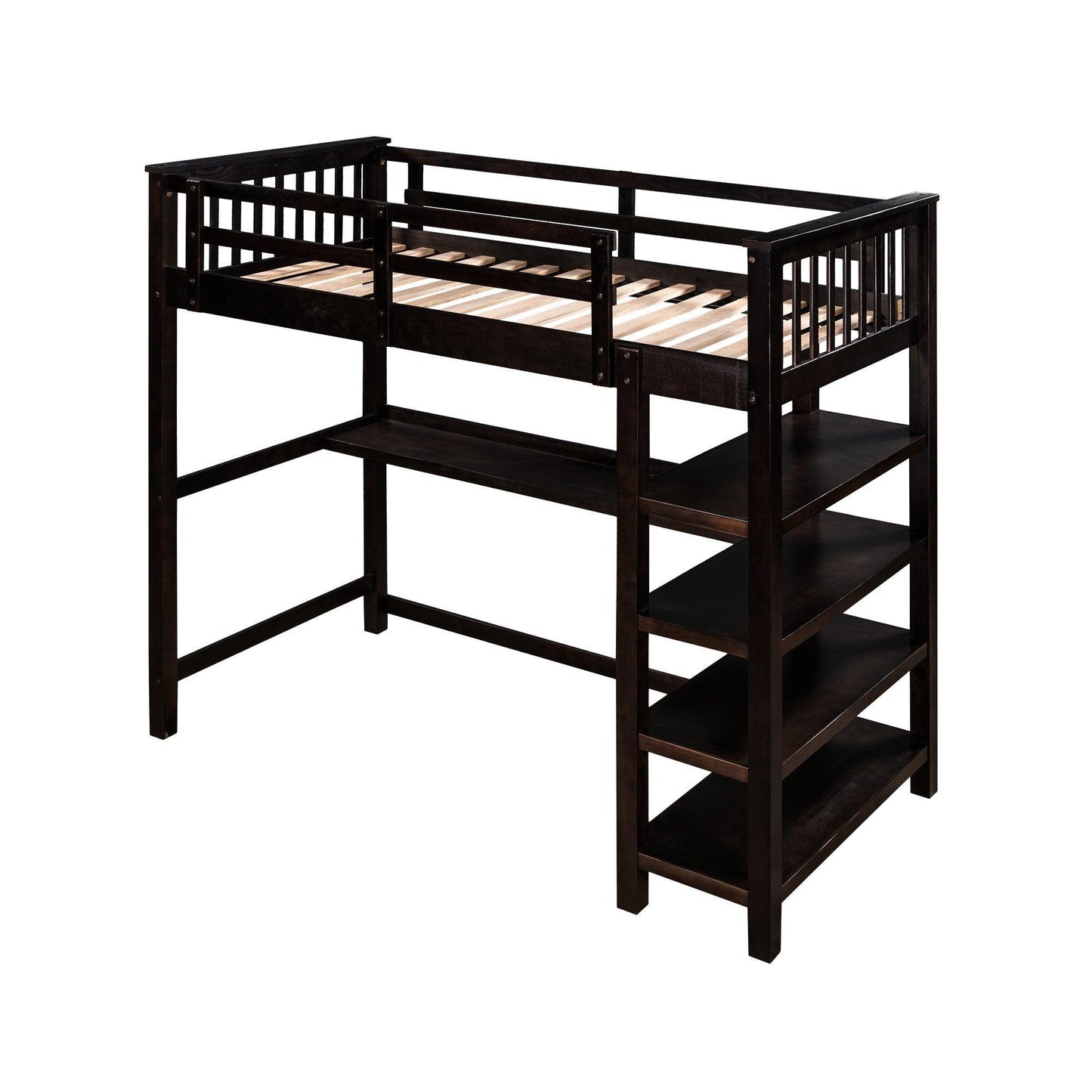 Espresso Twin Size Wood Loft Bed with Storage Shelves and Desk - FurniFindUSA