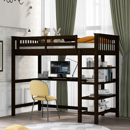 Espresso Twin Size Wood Loft Bed with Storage Shelves and Desk - FurniFindUSA