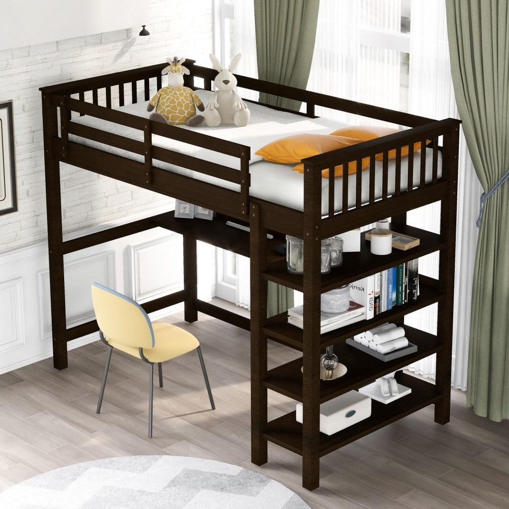 Espresso Twin Size Wood Loft Bed with Storage Shelves and Desk - FurniFindUSA