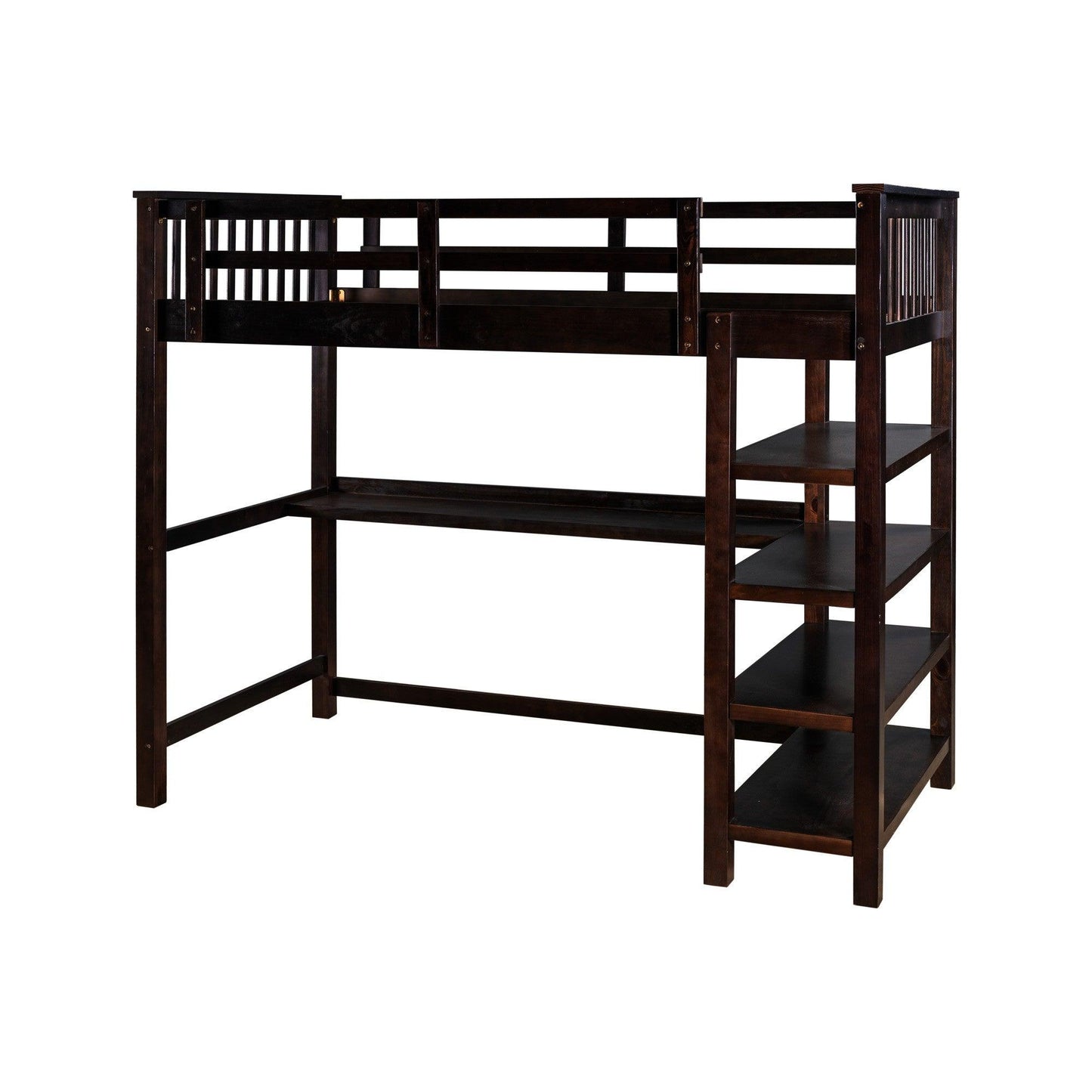 Espresso Twin Size Wood Loft Bed with Storage Shelves and Desk - FurniFindUSA