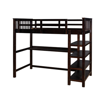 Espresso Twin Size Wood Loft Bed with Storage Shelves and Desk - FurniFindUSA