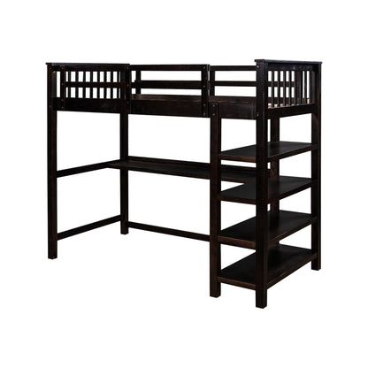 Espresso Twin Size Wood Loft Bed with Storage Shelves and Desk - FurniFindUSA