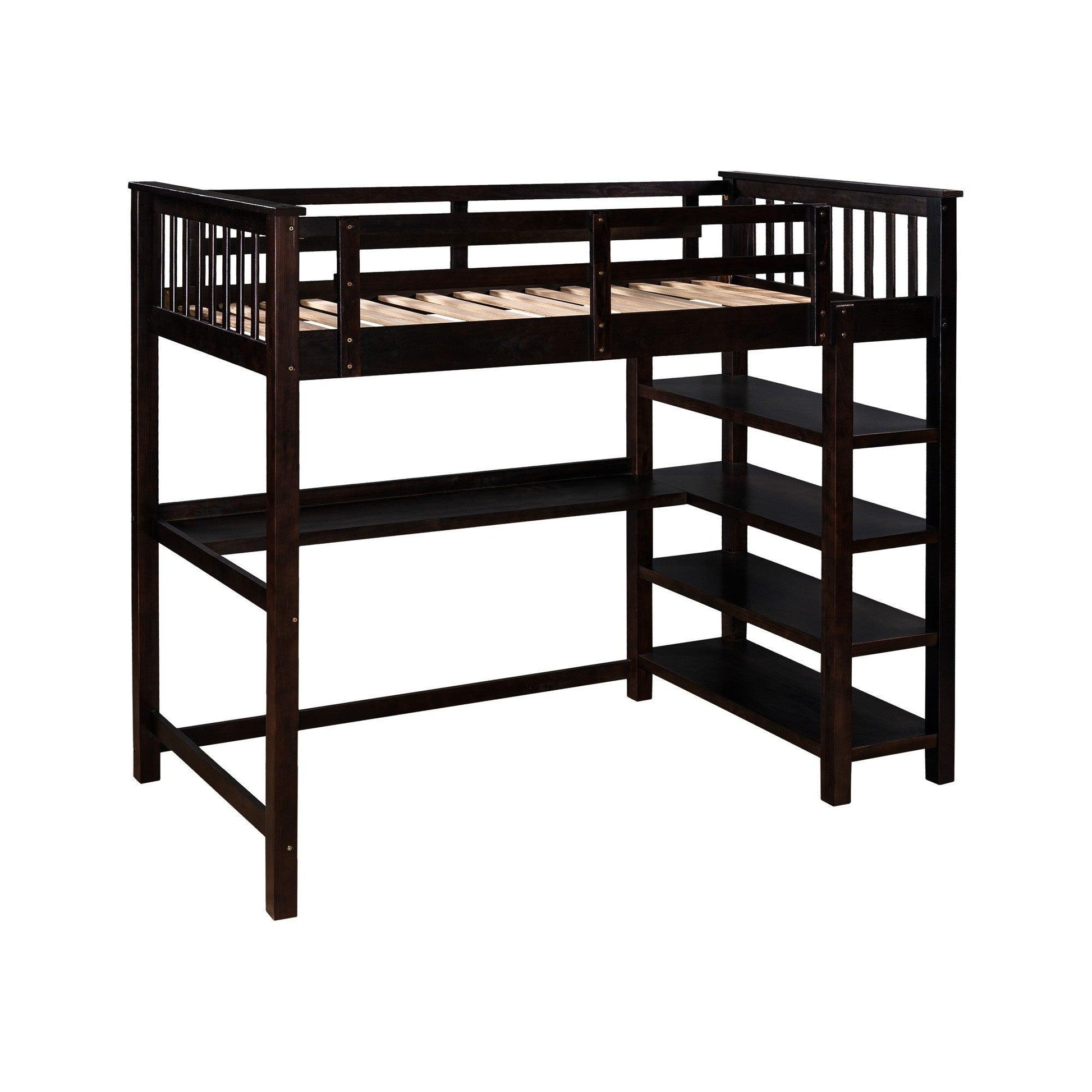 Espresso Twin Size Wood Loft Bed with Storage Shelves and Desk - FurniFindUSA