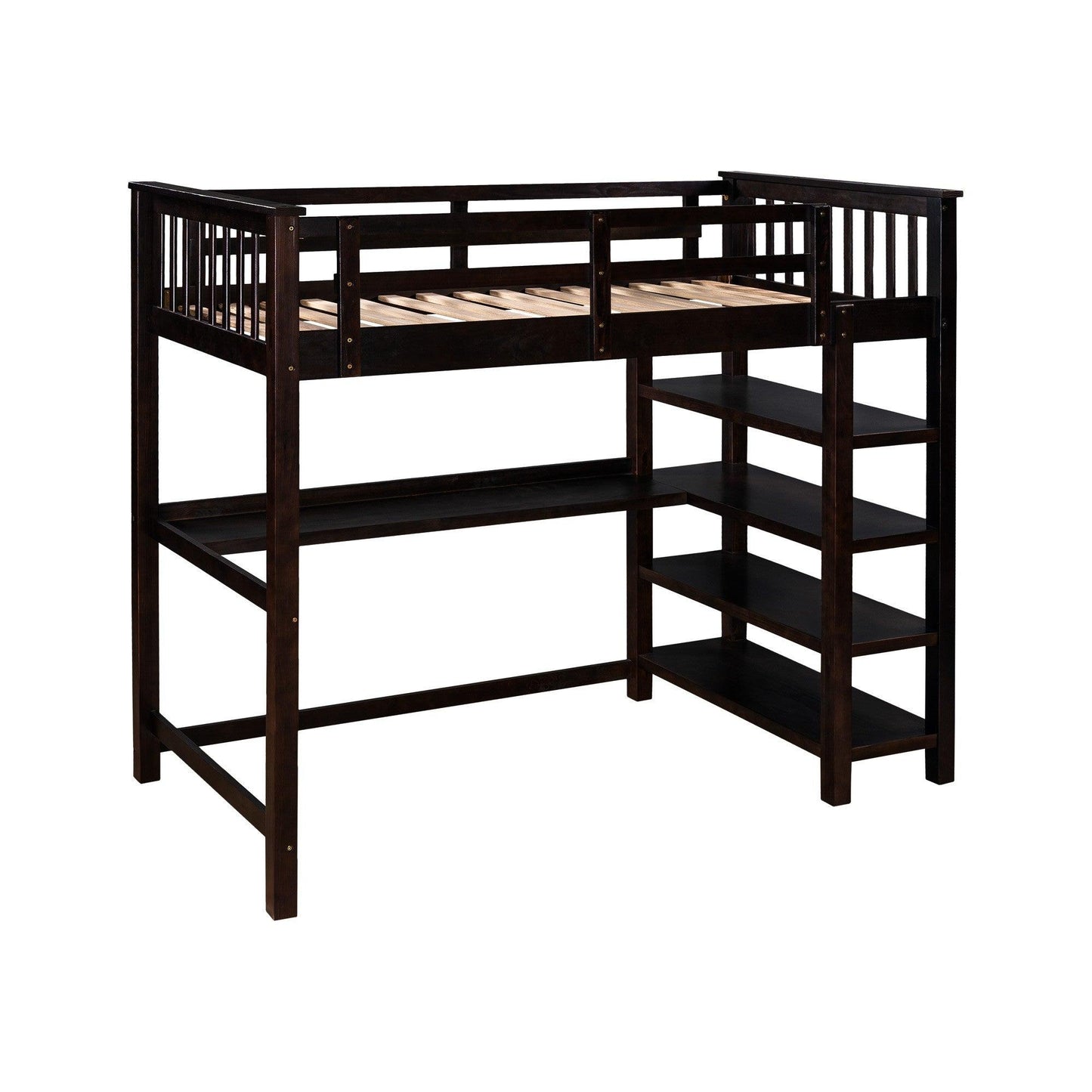 Espresso Twin Size Wood Loft Bed with Storage Shelves and Desk - FurniFindUSA