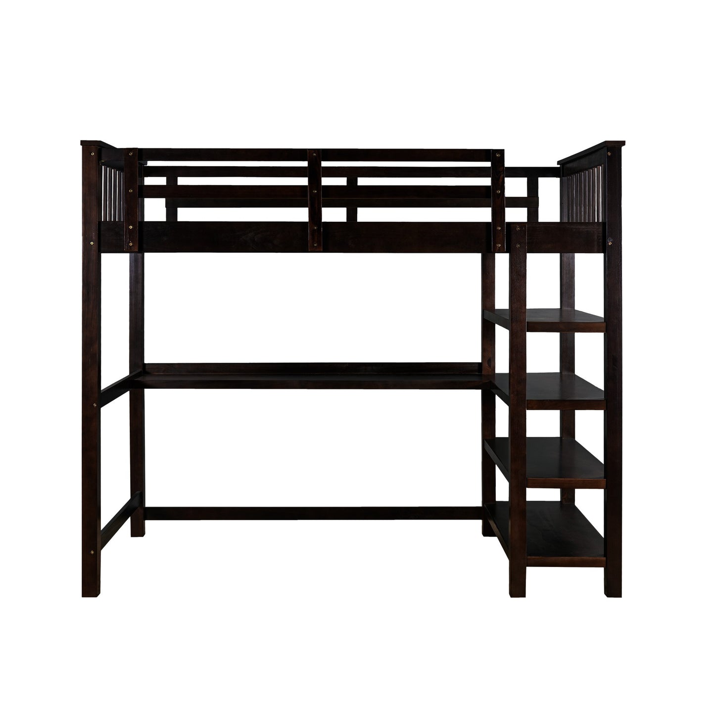 Espresso Twin Size Wood Loft Bed with Storage Shelves and Desk