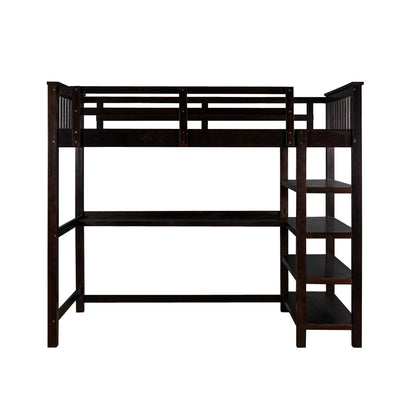 Espresso Twin Size Wood Loft Bed with Storage Shelves and Desk - FurniFindUSA