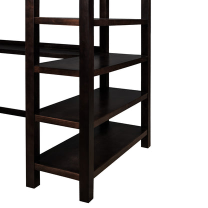 Espresso Twin Size Wood Loft Bed with Storage Shelves and Desk