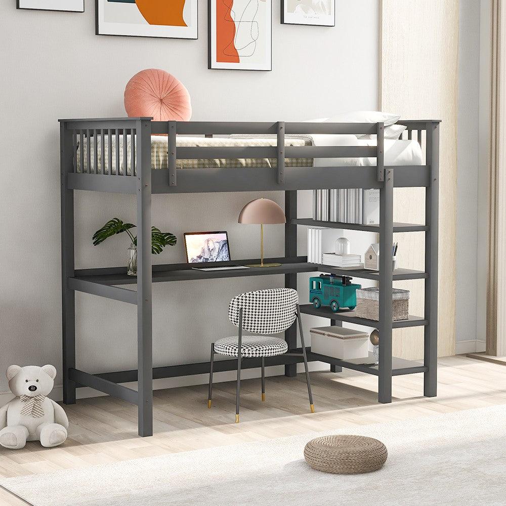 Gray Twin Size Wood Loft Bed with Storage Shelves and Desk - FurniFindUSA