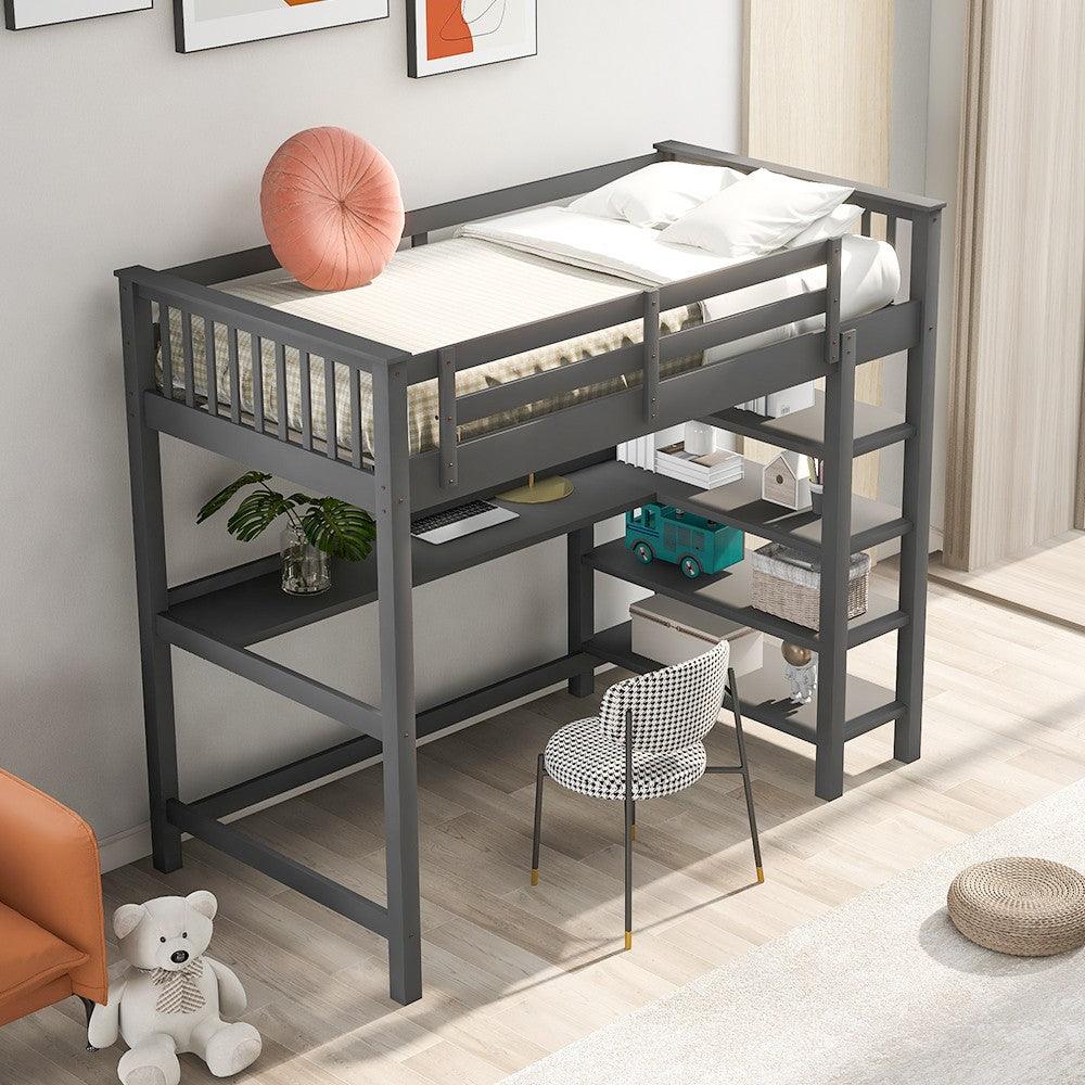 Gray Twin Size Wood Loft Bed with Storage Shelves and Desk - FurniFindUSA