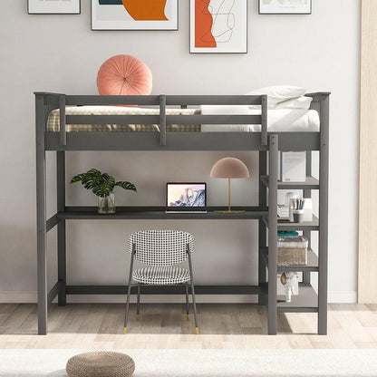 Gray Twin Size Wood Loft Bed with Storage Shelves and Desk - FurniFindUSA