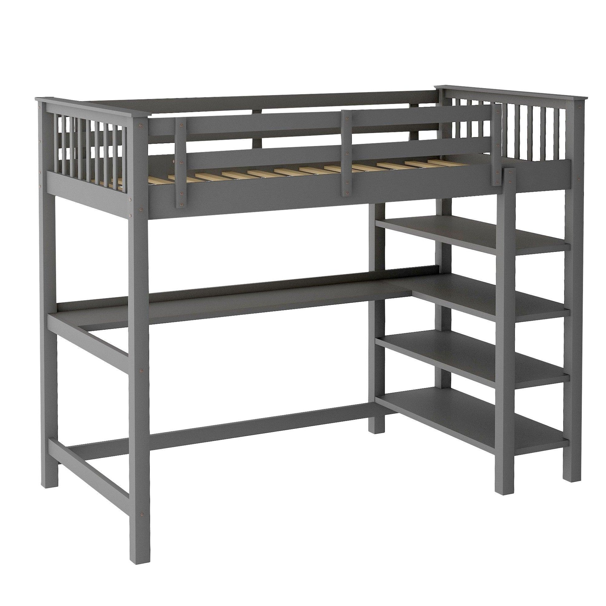 Gray Twin Size Wood Loft Bed with Storage Shelves and Desk - FurniFindUSA