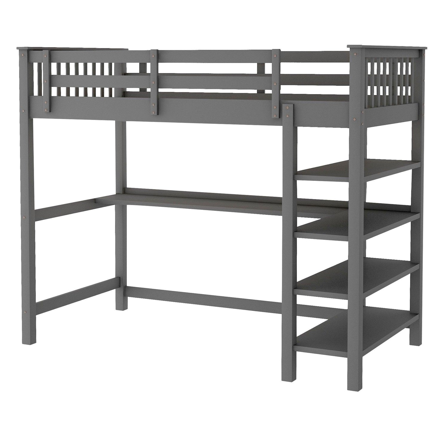 Gray Twin Size Wood Loft Bed with Storage Shelves and Desk - FurniFindUSA