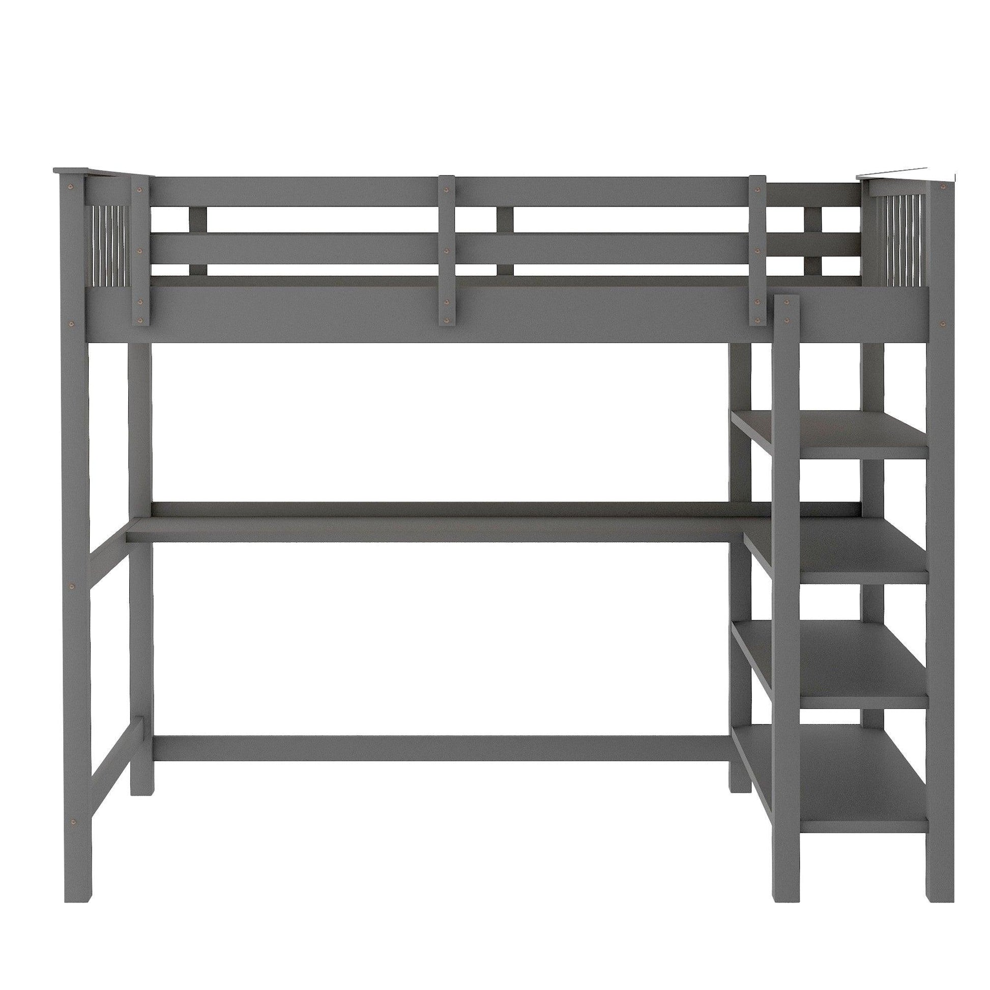 Gray Twin Size Wood Loft Bed with Storage Shelves and Desk - FurniFindUSA