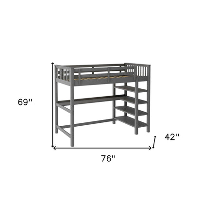 Gray Twin Size Wood Loft Bed with Storage Shelves and Desk - FurniFindUSA