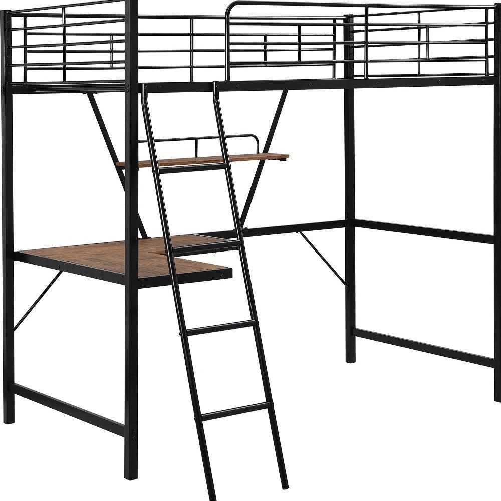 Black Metal Loft Bed with L Shaped Desk and Shelf - FurniFindUSA