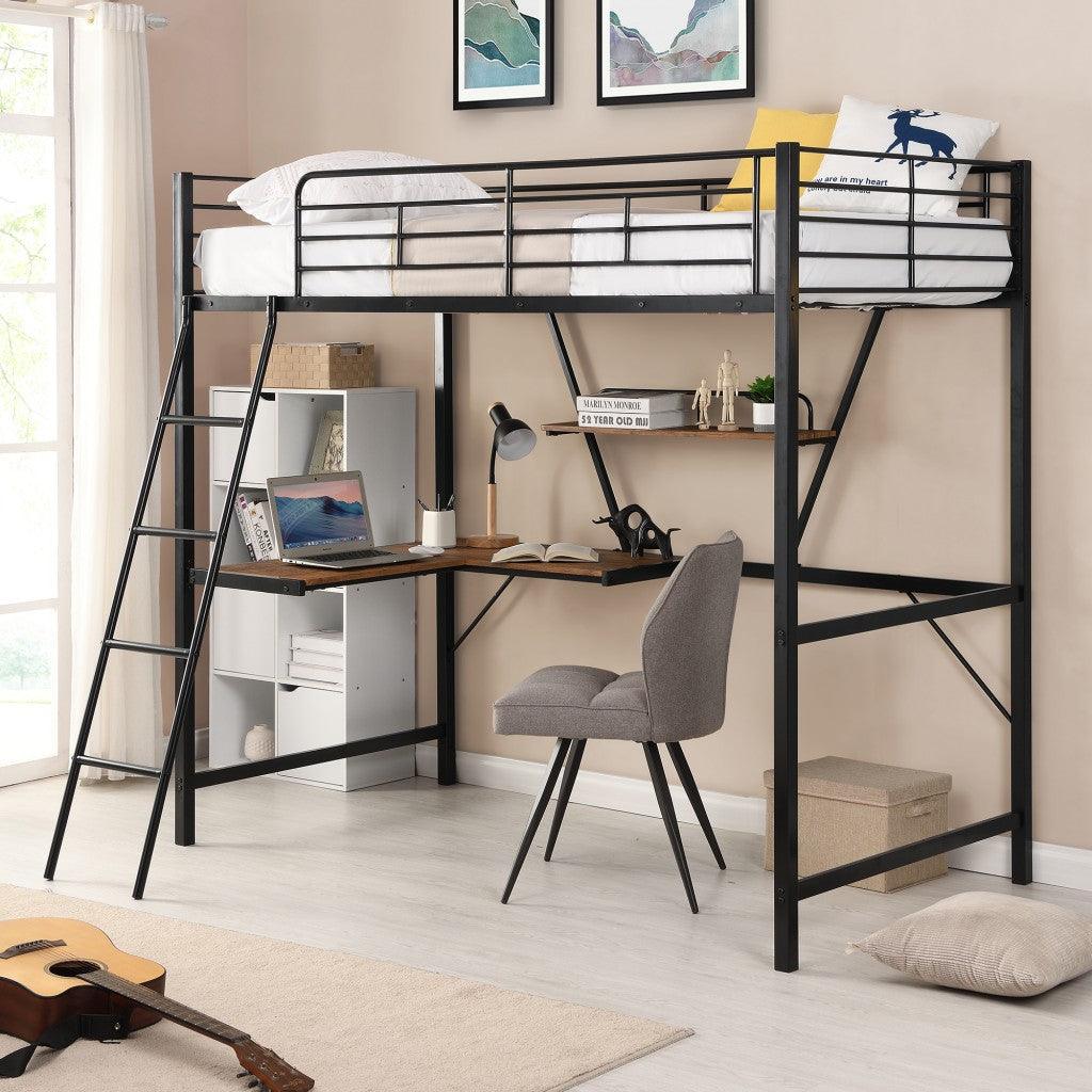 Black Metal Loft Bed with L Shaped Desk and Shelf - FurniFindUSA