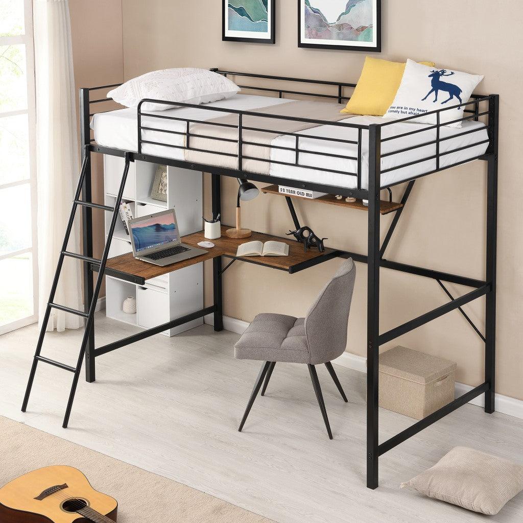 Black Metal Loft Bed with L Shaped Desk and Shelf - FurniFindUSA