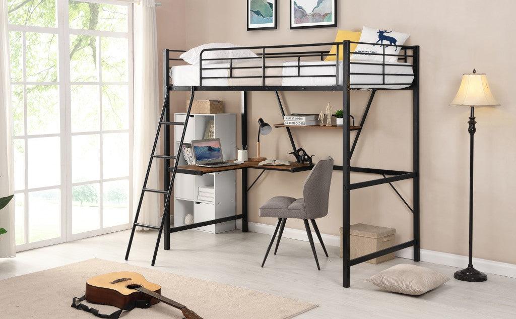 Black Metal Loft Bed with L Shaped Desk and Shelf - FurniFindUSA