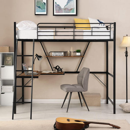 Black Metal Loft Bed with L Shaped Desk and Shelf - FurniFindUSA