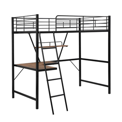 Black Metal Loft Bed with L Shaped Desk and Shelf - FurniFindUSA