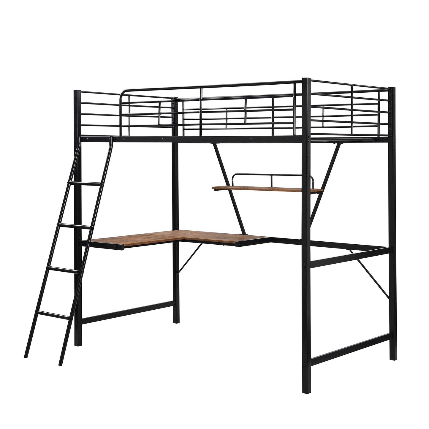 Black Metal Loft Bed with L Shaped Desk and Shelf - FurniFindUSA