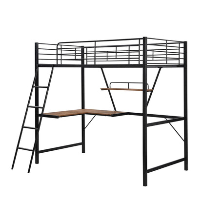 Black Metal Loft Bed with L Shaped Desk and Shelf - FurniFindUSA