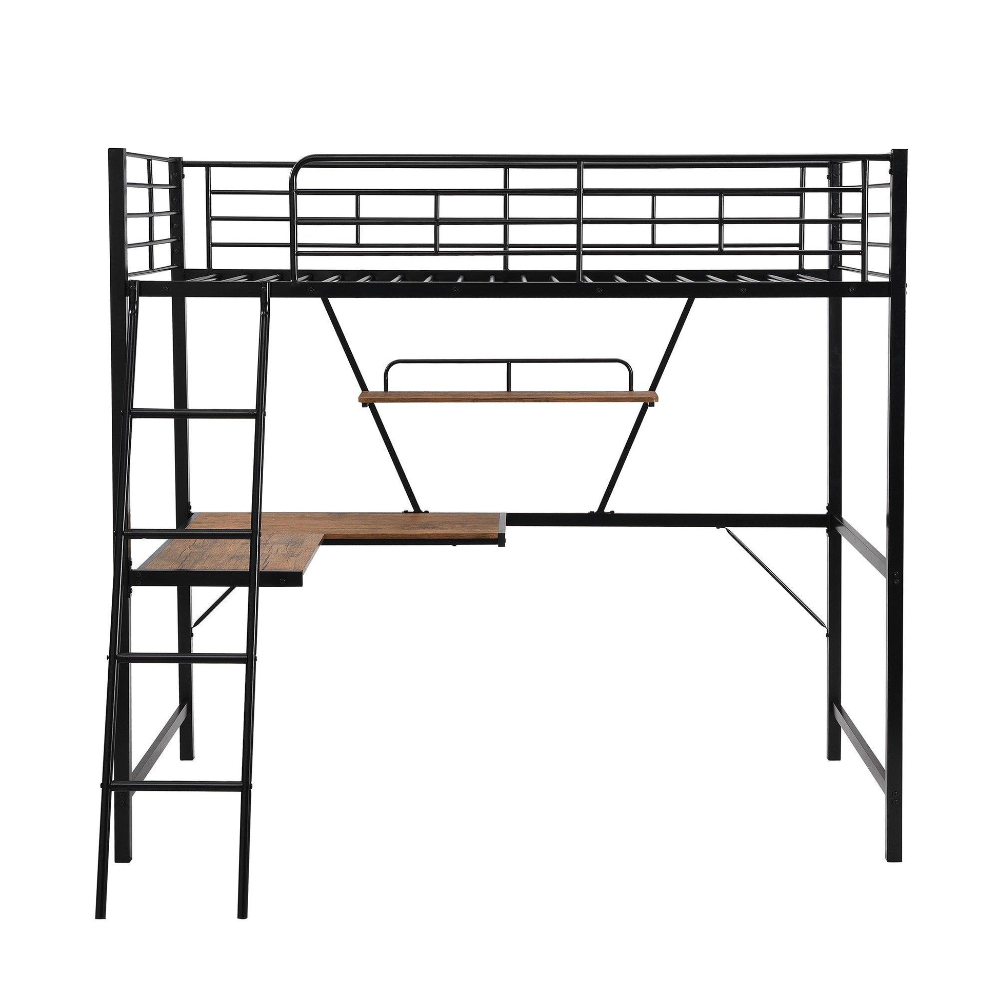 Black Metal Loft Bed with L Shaped Desk and Shelf - FurniFindUSA