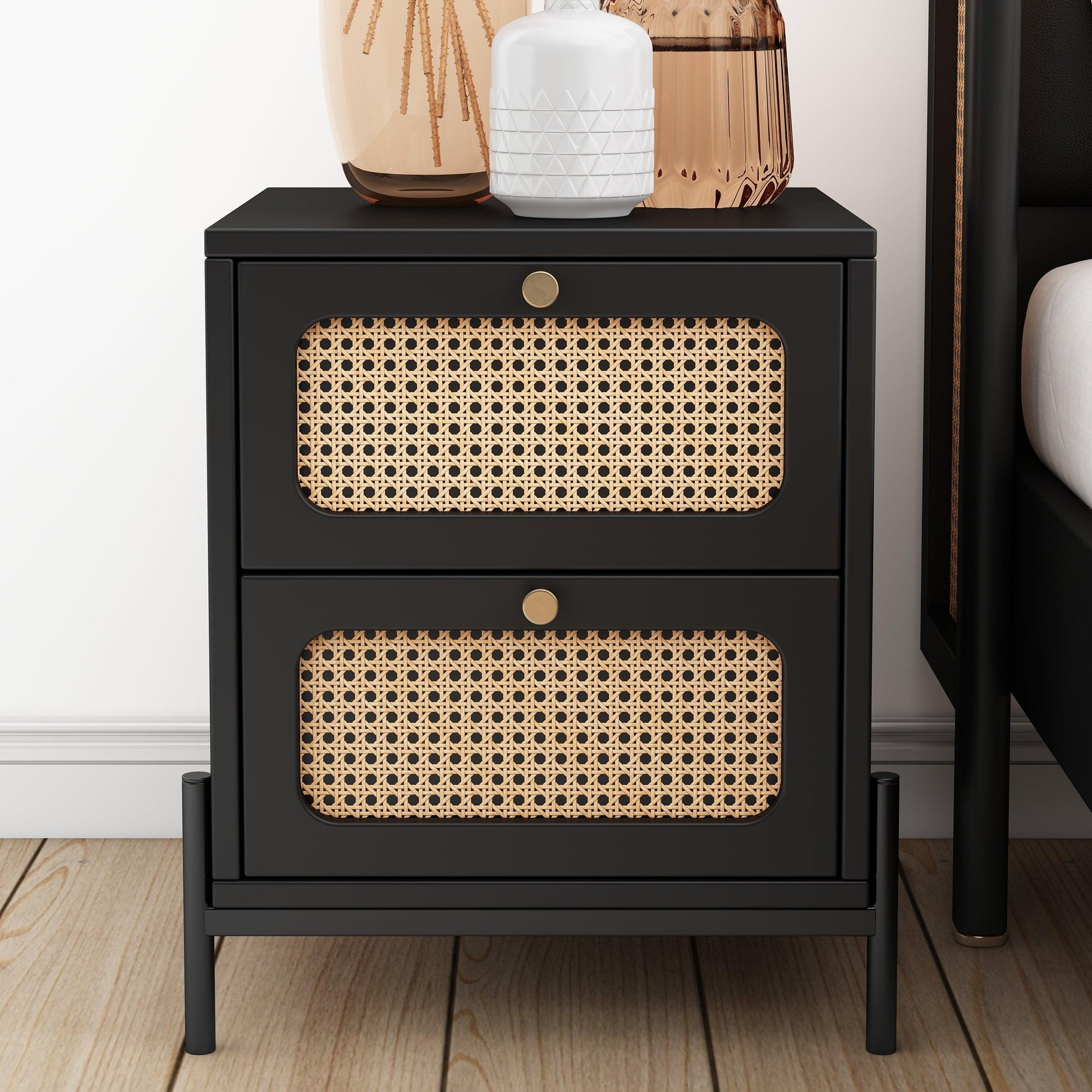 Modern Cannage Rattan Wood Closet 2-Drawer Side Table End Table Nightstand for Bedroom Living Room Entryway Hallway Black - FurniFindUSA