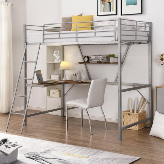 Silver Metal Loft Bed with L Shaped Desk and Shelf - FurniFindUSA