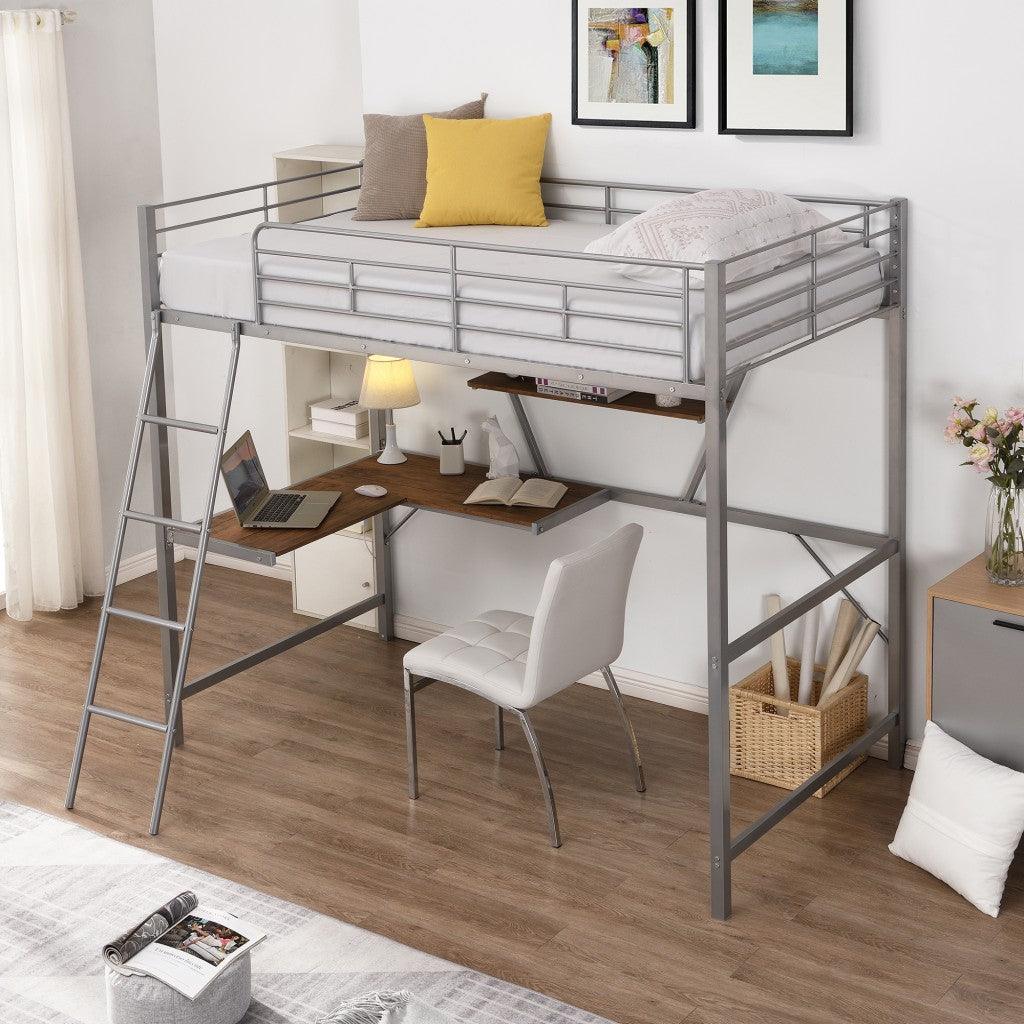 Silver Metal Loft Bed with L Shaped Desk and Shelf - FurniFindUSA