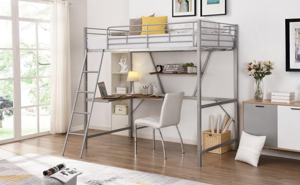 Silver Metal Loft Bed with L Shaped Desk and Shelf - FurniFindUSA