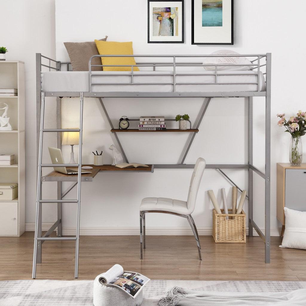 Silver Metal Loft Bed with L Shaped Desk and Shelf - FurniFindUSA
