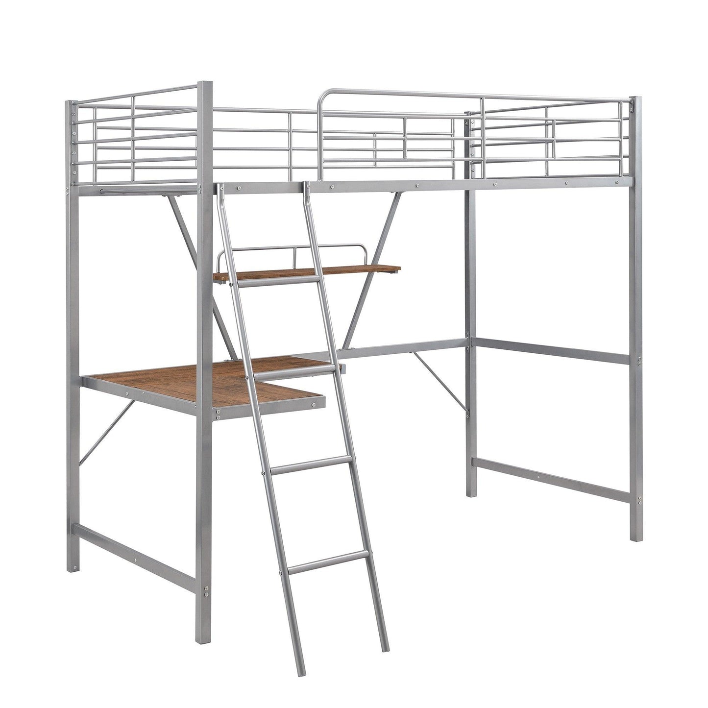 Silver Metal Loft Bed with L Shaped Desk and Shelf - FurniFindUSA