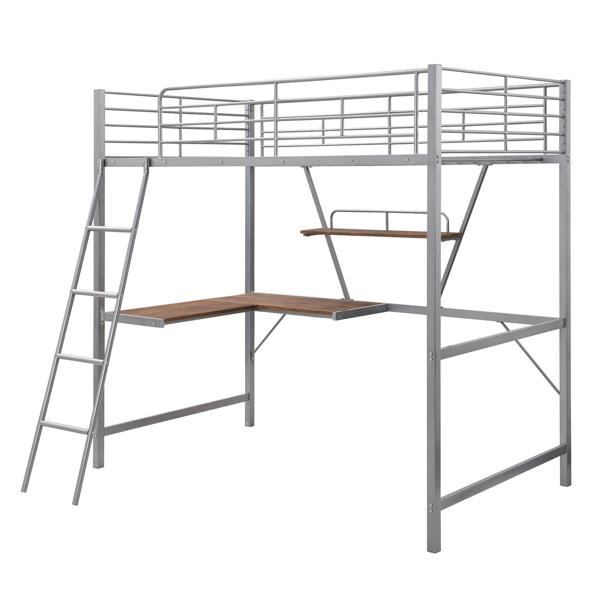 Silver Metal Loft Bed with L Shaped Desk and Shelf - FurniFindUSA