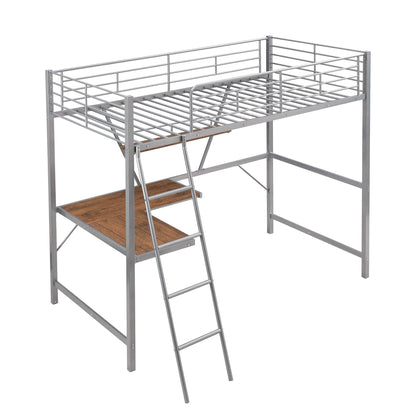 Silver Metal Loft Bed with L Shaped Desk and Shelf - FurniFindUSA