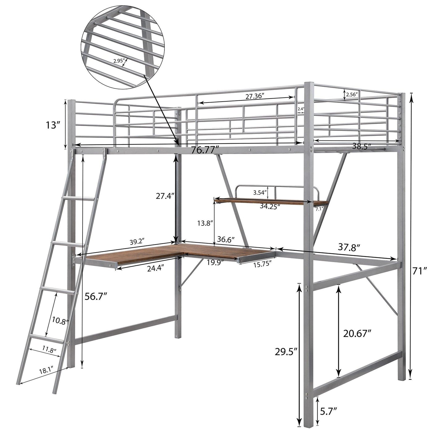 Silver Metal Loft Bed with L Shaped Desk and Shelf - FurniFindUSA